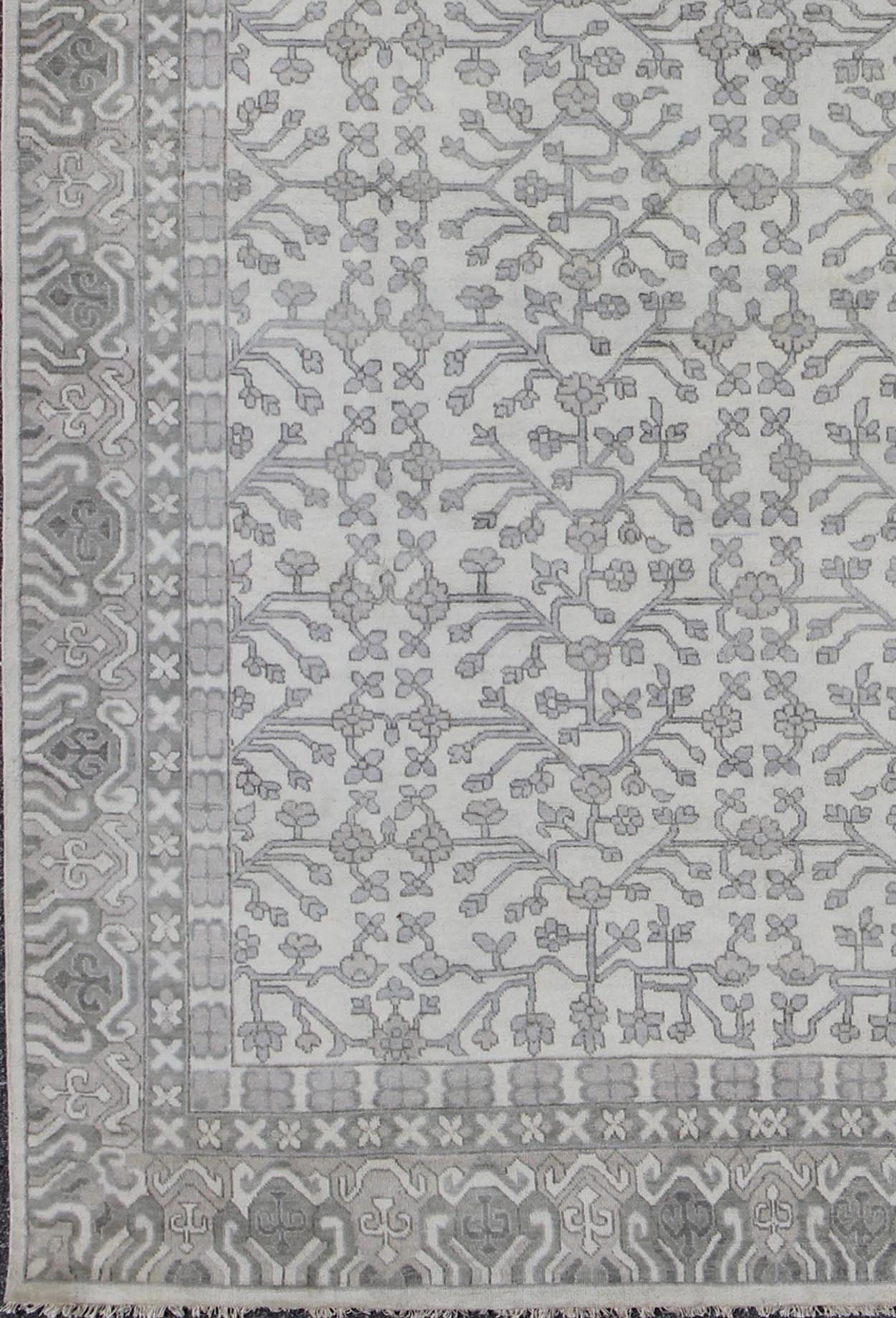Khotan Rug in Wool with All - Over Design in Cream and Gray By Keivan Woven Arts This modern Indian Khotan rug has been hand - knotted in wool and features an all - over, sub - geometric design rendered in cream and gray tones. A complementary, multi - ... - Keivan Woven ArtsOB - 9393429 - 6460013 - 9683Rug