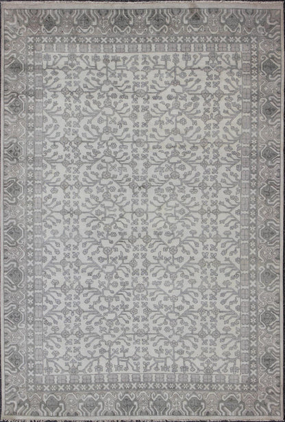 Khotan Rug in Wool with All - Over Design in Cream and Gray By Keivan Woven Arts This modern Indian Khotan rug has been hand - knotted in wool and features an all - over, sub - geometric design rendered in cream and gray tones. A complementary, multi - ... - Keivan Woven ArtsOB - 9393429 - 6460013 - 9683Rug