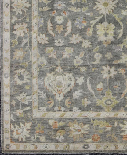 Keivan Woven Arts Oushak in Gray Green, Taupe and Orange Accents Gray background Oushak with All - Over Floral Design in Green and Orange Gray Oushak Rug, Keivan Woven Arts rug/OB - 393788, country of origin / type: India / Oushak, circa Early - ... - Keivan Woven ArtsOB - 9393788 - 8165Rug