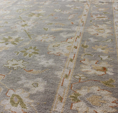 Oushak Rug with Floral Design in Gray Background, chartreus green, cream, Red Muted hand knotted Oushak Rug, rug OB - 9394878 - 5780164, country of origin / type: India / Oushak, circa Early - 21st Century. Measures: 5'0 x 8'0. This un... - Keivan Woven ArtsOB - 9394878 - 5780164 - 9304Rug