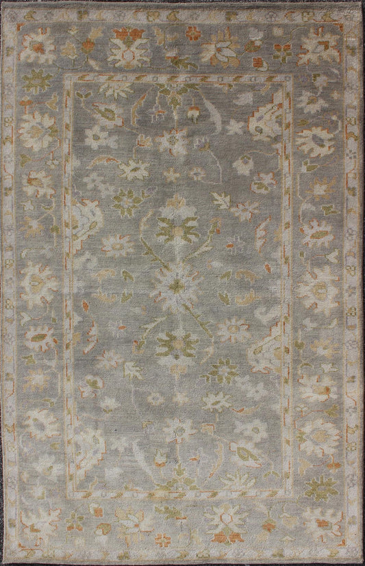 Oushak Rug with Floral Design in Gray Background, chartreus green, cream, Red Muted hand knotted Oushak Rug, rug OB - 9394878 - 5780164, country of origin / type: India / Oushak, circa Early - 21st Century. Measures: 5'0 x 8'0. This un... - Keivan Woven ArtsOB - 9394878 - 5780164 - 9304