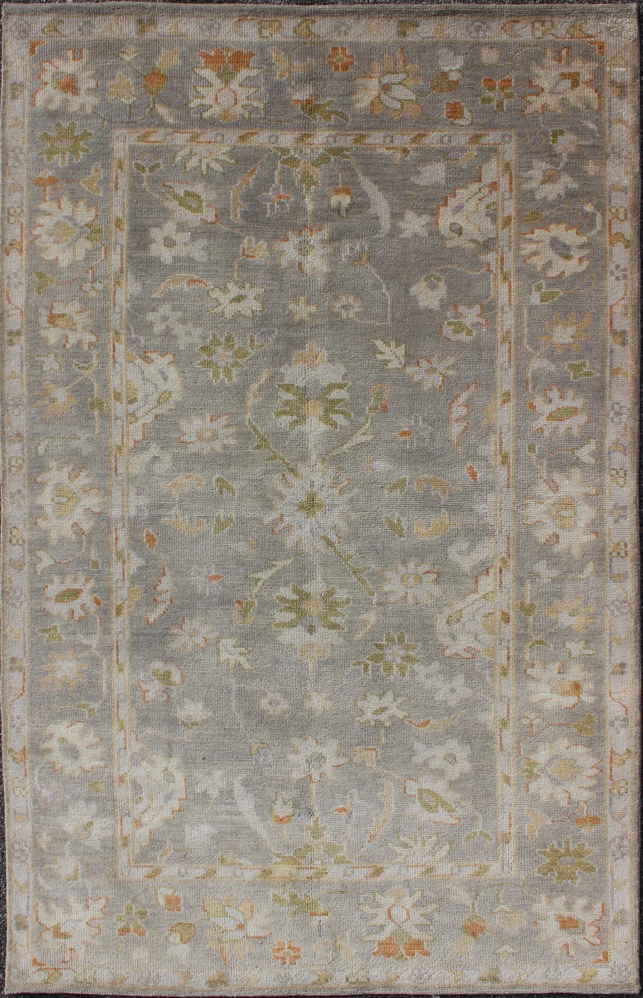 Oushak Rug with Floral Design in Gray Background, chartreus green, cream, Red Muted hand knotted Oushak Rug, rug OB - 9394878 - 5780164, country of origin / type: India / Oushak, circa Early - 21st Century. Measures: 5'0 x 8'0. This un... - Keivan Woven ArtsOB - 9394878 - 5780164 - 9304Rug