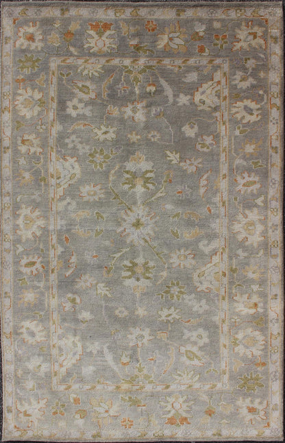 Oushak Rug with Floral Design in Gray Background, chartreus green, cream, Red Muted hand knotted Oushak Rug, rug OB - 9394878 - 5780164, country of origin / type: India / Oushak, circa Early - 21st Century. Measures: 5'0 x 8'0. This un... - Keivan Woven ArtsOB - 9394878 - 5780164 - 9304Rug