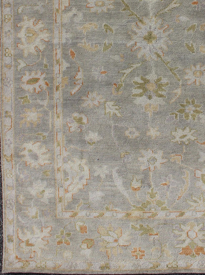 Oushak Rug with Floral Design in Gray Background, chartreus green, cream, Red Muted hand knotted Oushak Rug, rug OB - 9394878 - 5780164, country of origin / type: India / Oushak, circa Early - 21st Century. Measures: 5'0 x 8'0. This un... - Keivan Woven ArtsOB - 9394878 - 5780164 - 9304Rug