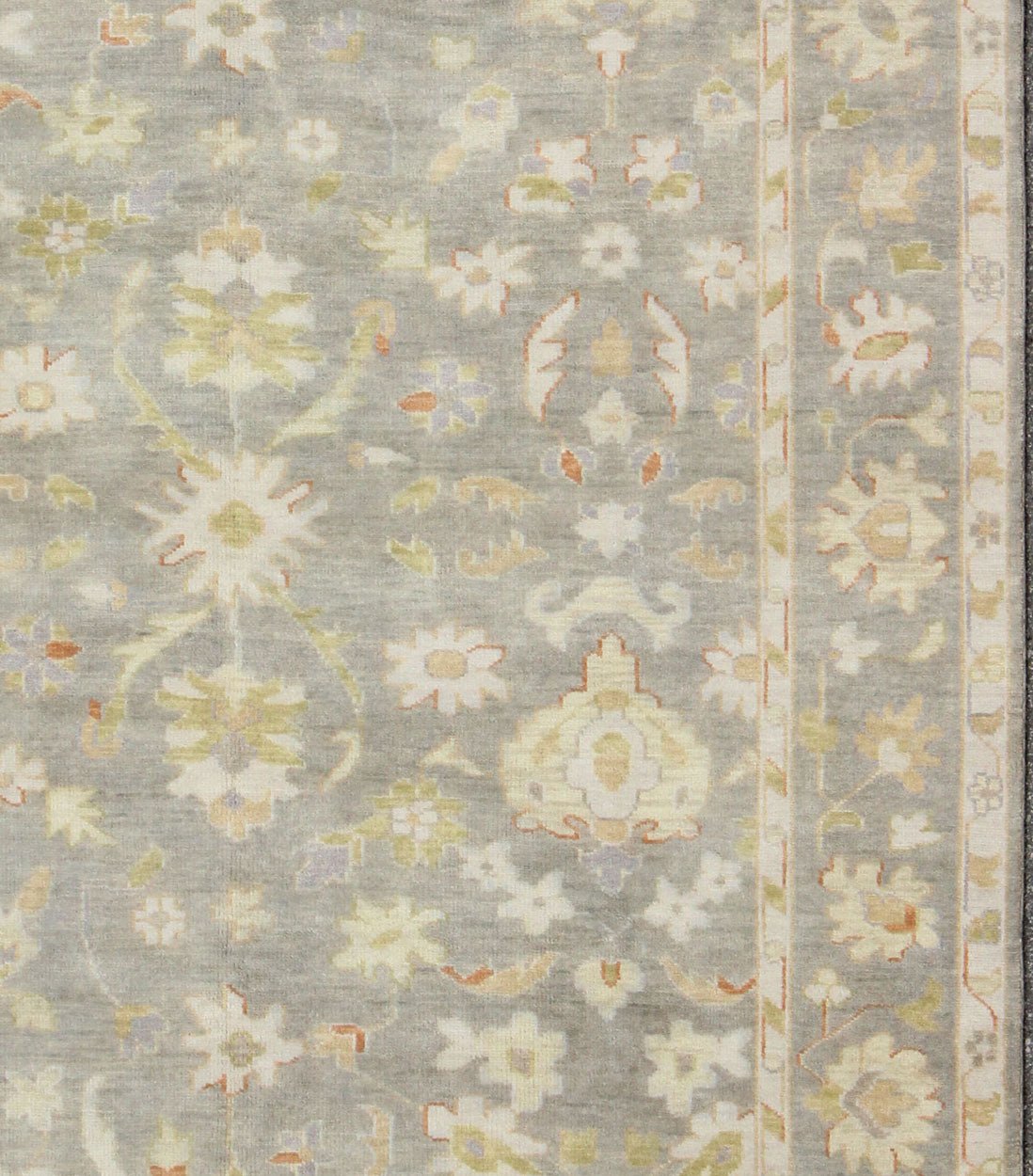 Modern Oushak with Floral Design in Gray, Green and Orange Gray Oushak Rug, rug OB - 9395010, country of origin / type: India / Oushak, circa Early - 21st Century. Measures: 8'0 x 10'0. This lovely woolen Oushak from India features a... - Keivan Woven ArtsOB - 9395010 - 7519Rug