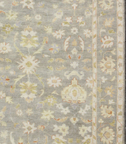 Modern Oushak with Floral Design in Gray, Green and Orange Gray Oushak Rug, rug OB - 9395010, country of origin / type: India / Oushak, circa Early - 21st Century. Measures: 8'0 x 10'0. This lovely woolen Oushak from India features a... - Keivan Woven ArtsOB - 9395010 - 7519Rug