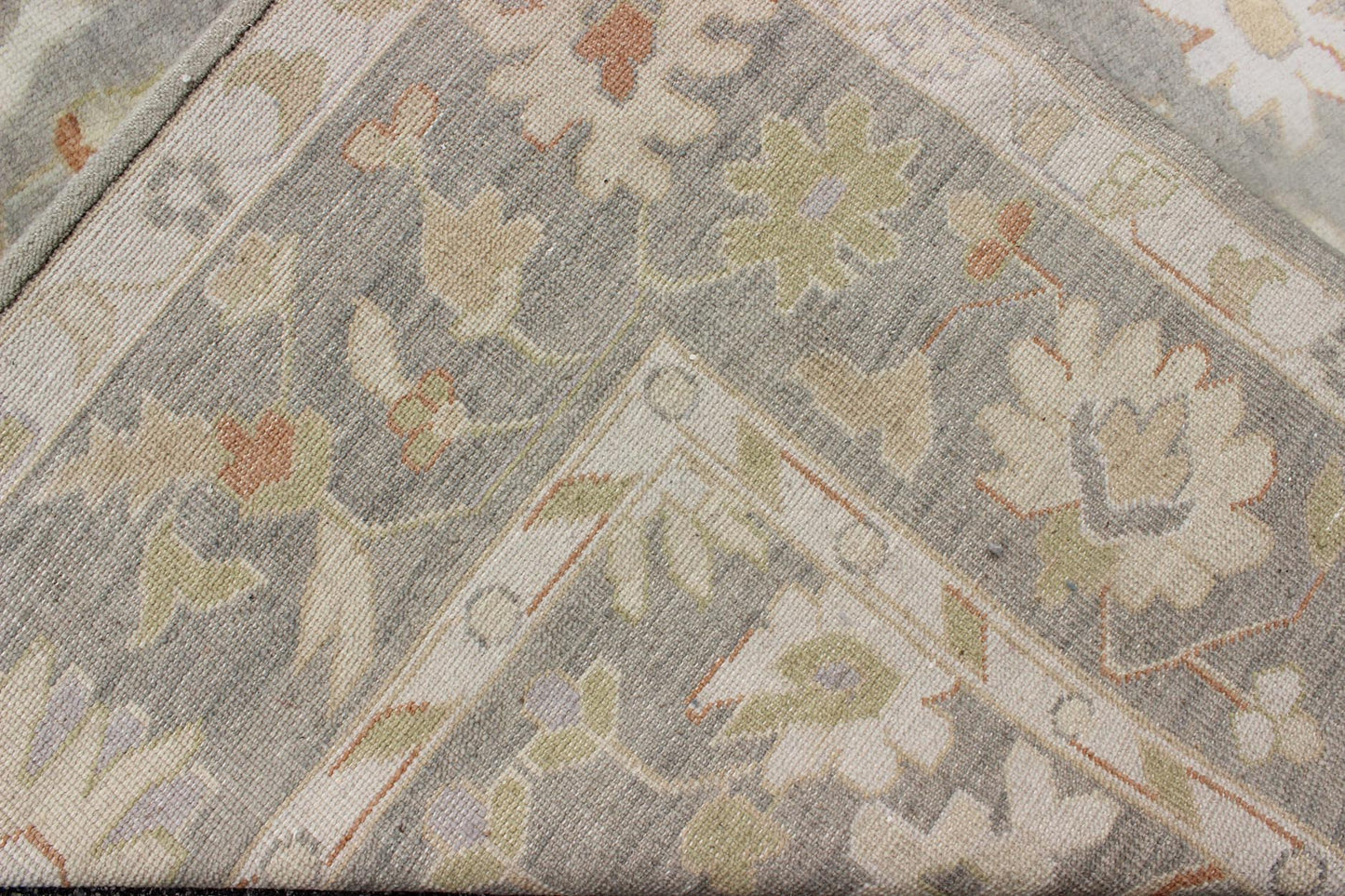 Modern Oushak with Floral Design in Gray, Green and Orange Gray Oushak Rug, rug OB - 9395010, country of origin / type: India / Oushak, circa Early - 21st Century. Measures: 8'0 x 10'0. This lovely woolen Oushak from India features a... - Keivan Woven ArtsOB - 9395010 - 7519Rug