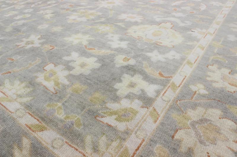 Modern Oushak with Floral Design in Gray, Green and Orange Gray Oushak Rug, rug OB - 9395010, country of origin / type: India / Oushak, circa Early - 21st Century. Measures: 8'0 x 10'0. This lovely woolen Oushak from India features a... - Keivan Woven ArtsOB - 9395010 - 7519Rug