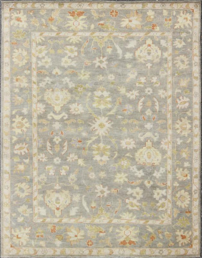 Modern Oushak with Floral Design in Gray, Green and Orange Gray Oushak Rug, rug OB - 9395010, country of origin / type: India / Oushak, circa Early - 21st Century. Measures: 8'0 x 10'0. This lovely woolen Oushak from India features a... - Keivan Woven ArtsOB - 9395010 - 7519Rug