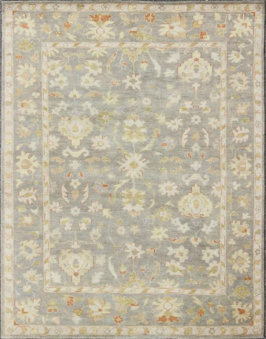 Modern Oushak with Floral Design in Gray, Green and Orange Gray Oushak Rug, rug OB - 9395010, country of origin / type: India / Oushak, circa Early - 21st Century. Measures: 8'0 x 10'0. This lovely woolen Oushak from India features a... - Keivan Woven ArtsOB - 9395010 - 7519Rug
