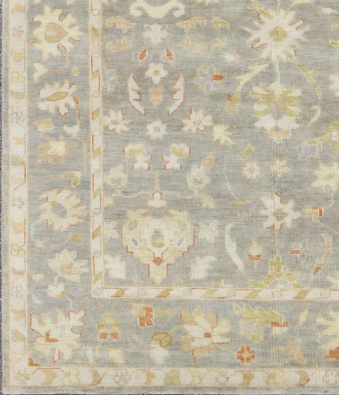 Modern Oushak with Floral Design in Gray, Green and Orange Gray Oushak Rug, rug OB - 9395010, country of origin / type: India / Oushak, circa Early - 21st Century. Measures: 8'0 x 10'0. This lovely woolen Oushak from India features a... - Keivan Woven ArtsOB - 9395010 - 7519Rug