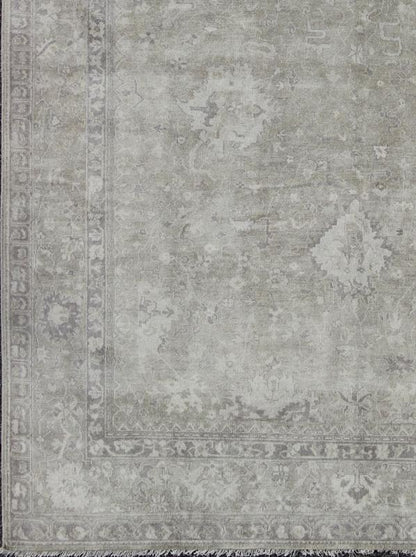 Modern Oushak Light Colored Rug in Taupe, Sand, Light Purple/Lavender and Grey. Measures: 9' x12'. This exquisite Vintage Oushak rug displays a fun mlange of floral and geometric designs, rendered in gray and lavender enclose within a bo... - Keivan Woven ArtsOB - 9413053 - 8169Rug