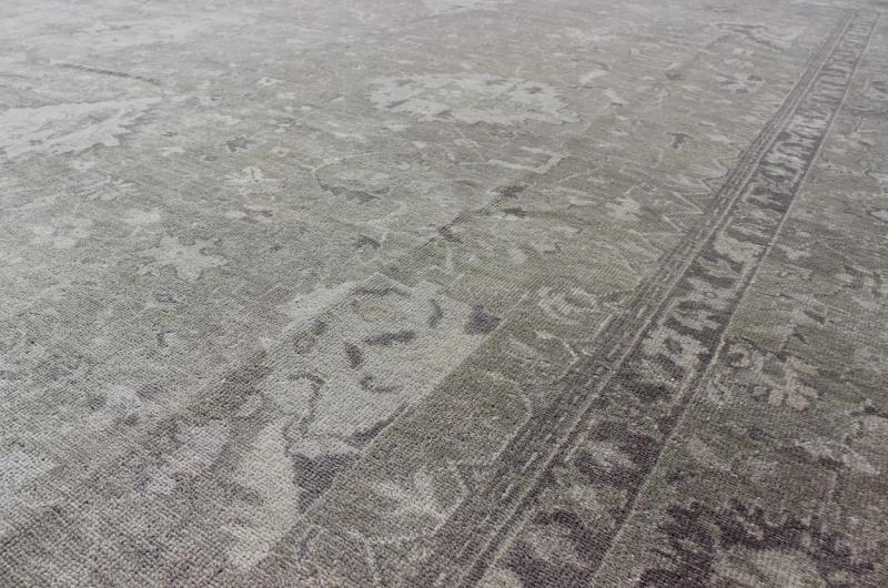 Modern Oushak Light Colored Rug in Taupe, Sand, Light Purple/Lavender and Grey. Measures: 9' x12'. This exquisite Vintage Oushak rug displays a fun mlange of floral and geometric designs, rendered in gray and lavender enclose within a bo... - Keivan Woven ArtsOB - 9413053 - 8169Rug