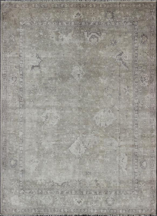 Modern Oushak Light Colored Rug in Taupe, Sand, Light Purple/Lavender and Grey. Measures: 9' x12'. This exquisite Vintage Oushak rug displays a fun mlange of floral and geometric designs, rendered in gray and lavender enclose within a bo... - Keivan Woven ArtsOB - 9413053 - 8169Rug