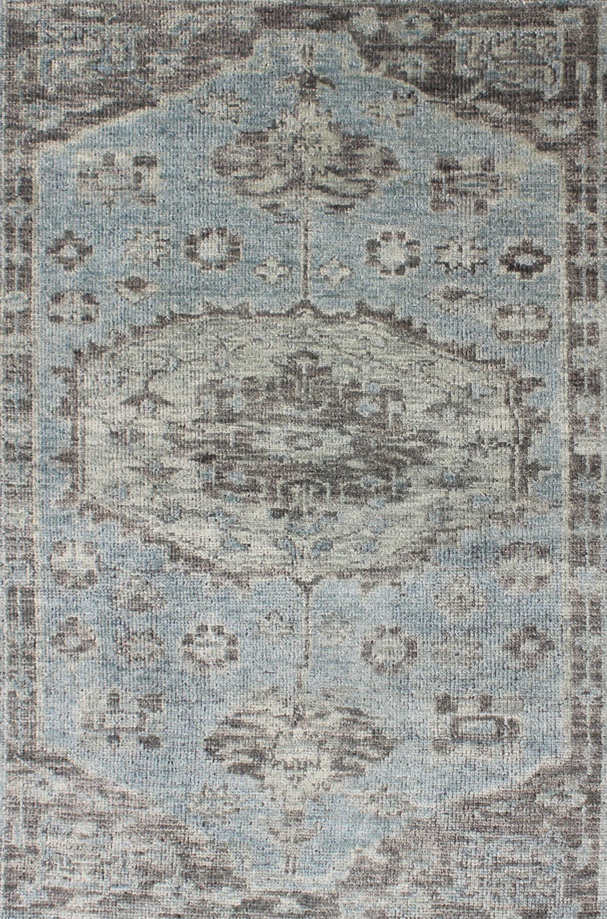 Modern Oushak Distressed Rug in Light Blue, Light Green & Brown Modern distressed Oushak rug, rug/OB - 9442878, country of origin / type: India / Oushak, circa early - 21st Century. Contemporary Indian Rug. This hand - knotted Oushak rug feat... - Keivan Woven ArtsOB - 9442878 - 5623141 - 8533Rug