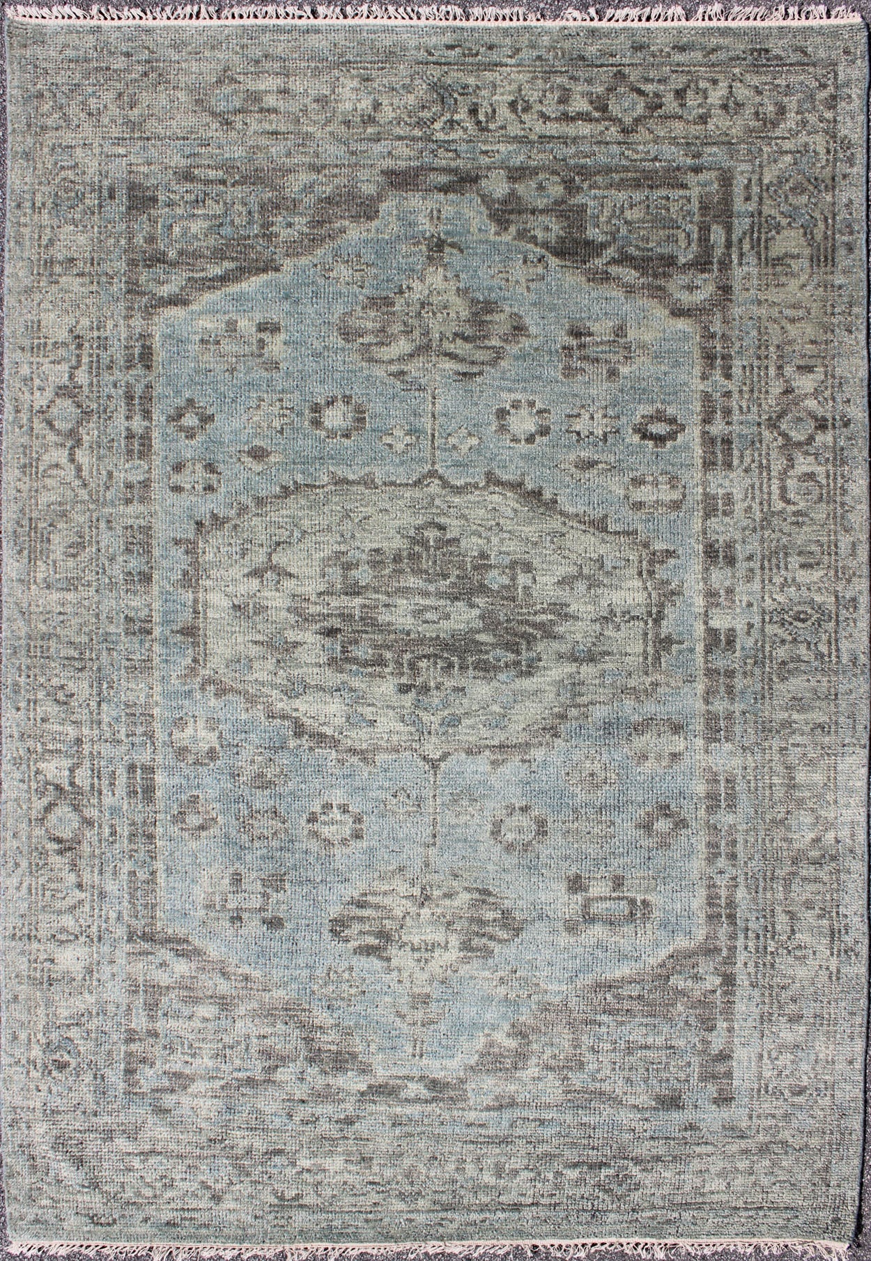Modern Oushak Distressed Rug in Light Blue, Light Green & Brown Modern distressed Oushak rug, rug/OB - 9442878, country of origin / type: India / Oushak, circa early - 21st Century. Contemporary Indian Rug. This hand - knotted Oushak rug feat... - Keivan Woven ArtsOB - 9442878 - 5623141 - 8533Rug