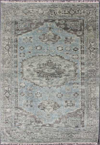 Modern Oushak Distressed Rug in Light Blue, Light Green & Brown Modern distressed Oushak rug, rug/OB - 9442878, country of origin / type: India / Oushak, circa early - 21st Century. Contemporary Indian Rug. This hand - knotted Oushak rug feat... - Keivan Woven ArtsOB - 9442878 - 5623141 - 8533Rug
