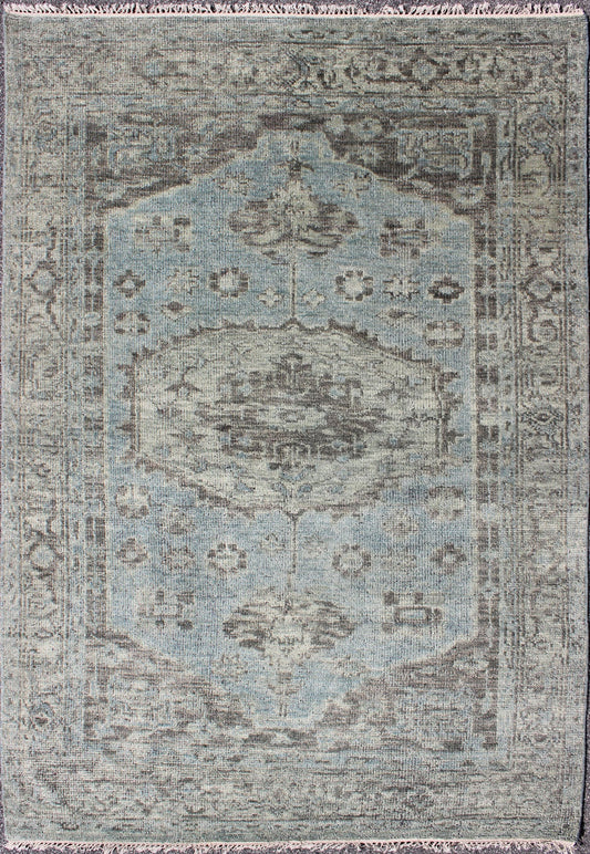 Modern Oushak Distressed Rug in Light Blue, Light Green & Brown Modern distressed Oushak rug, rug/OB - 9442878, country of origin / type: India / Oushak, circa early - 21st Century. Contemporary Indian Rug. This hand - knotted Oushak rug feat... - Keivan Woven ArtsOB - 9442878 - 5623141 - 8533Rug