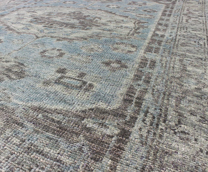 Modern Oushak Distressed Rug in Light Blue, Light Green & Brown Modern distressed Oushak rug, rug/OB - 9442878, country of origin / type: India / Oushak, circa early - 21st Century. Contemporary Indian Rug. This hand - knotted Oushak rug feat... - Keivan Woven ArtsOB - 9442878 - 5623141 - 8533Rug