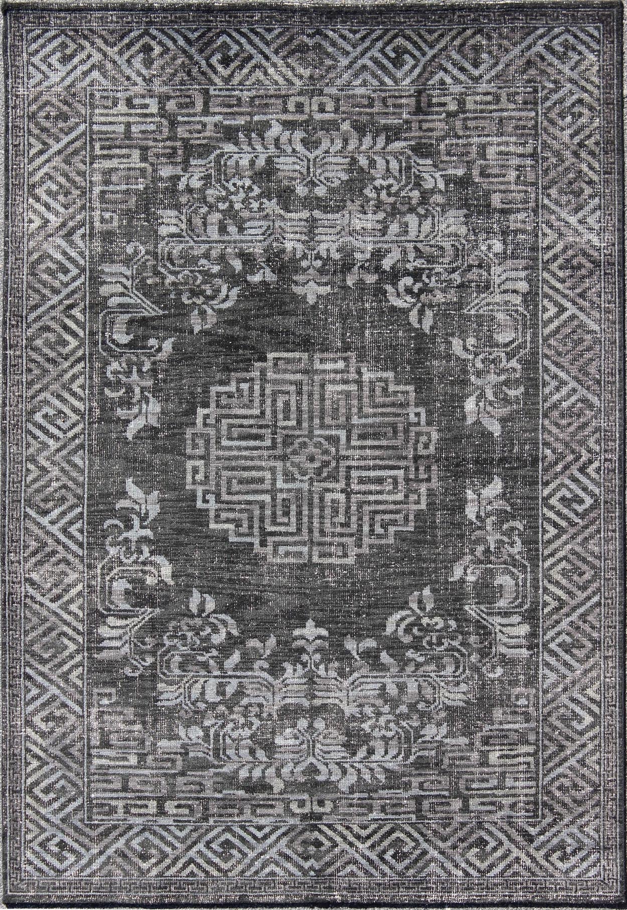 Keivan Woven Arts Modern Khotan Hand Knotted Wool Rug in Charcoal & Gray. This modern Khotan rug has been hand - knotted features an all - over, sub - geometric late central medallion design rendered in charcoal and gray tones. A complementary border encompa... - Keivan Woven ArtsOB - 9444206 - 56230109 - 9308Rug