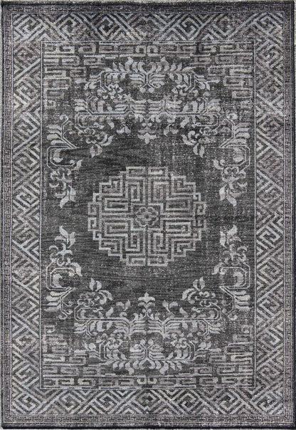 Keivan Woven Arts Modern Khotan Hand Knotted Wool Rug in Charcoal & Gray. This modern Khotan rug has been hand - knotted features an all - over, sub - geometric late central medallion design rendered in charcoal and gray tones. A complementary border encompa... - Keivan Woven ArtsOB - 9444206 - 56230109 - 9308Rug