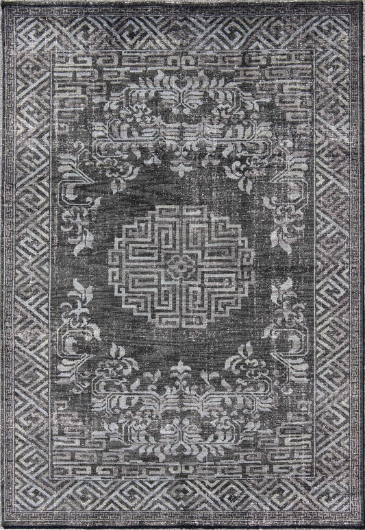 Keivan Woven Arts Modern Khotan Hand Knotted Wool Rug in Charcoal & Gray. This modern Khotan rug has been hand - knotted features an all - over, sub - geometric late central medallion design rendered in charcoal and gray tones. A complementary border encompa... - Keivan Woven ArtsOB - 9444206 - 56230109 - 9308Rug