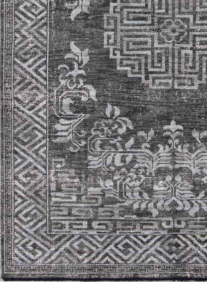 Keivan Woven Arts Modern Khotan Hand Knotted Wool Rug in Charcoal & Gray. This modern Khotan rug has been hand - knotted features an all - over, sub - geometric late central medallion design rendered in charcoal and gray tones. A complementary border encompa... - Keivan Woven ArtsOB - 9444206 - 56230109 - 9308Rug