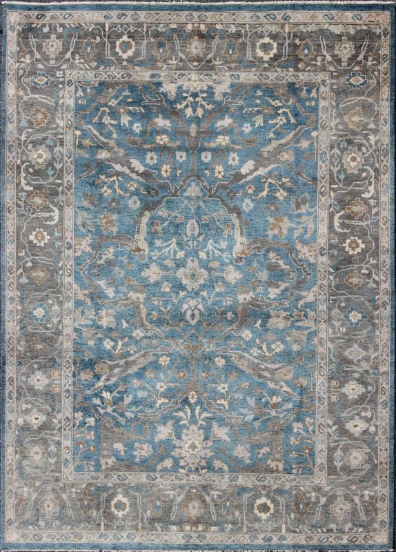 Blue and Gray Vintage Oushak Rug. Measures: 9' x 12'. This vintage Oushak carpet from Turkey features a all over traditional Oushak design rendered in tones of blue and gray, set atop a blue background. The central field features floating motifs ... - Keivan Woven ArtsOB - 9458373 - 06470003 - 8175