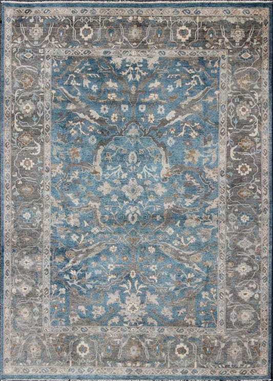 Blue and Gray Vintage Oushak Rug. Measures: 9' x 12'. This vintage Oushak carpet from Turkey features a all over traditional Oushak design rendered in tones of blue and gray, set atop a blue background. The central field features floating motifs ... - Keivan Woven ArtsOB - 9458373 - 06470003 - 8175