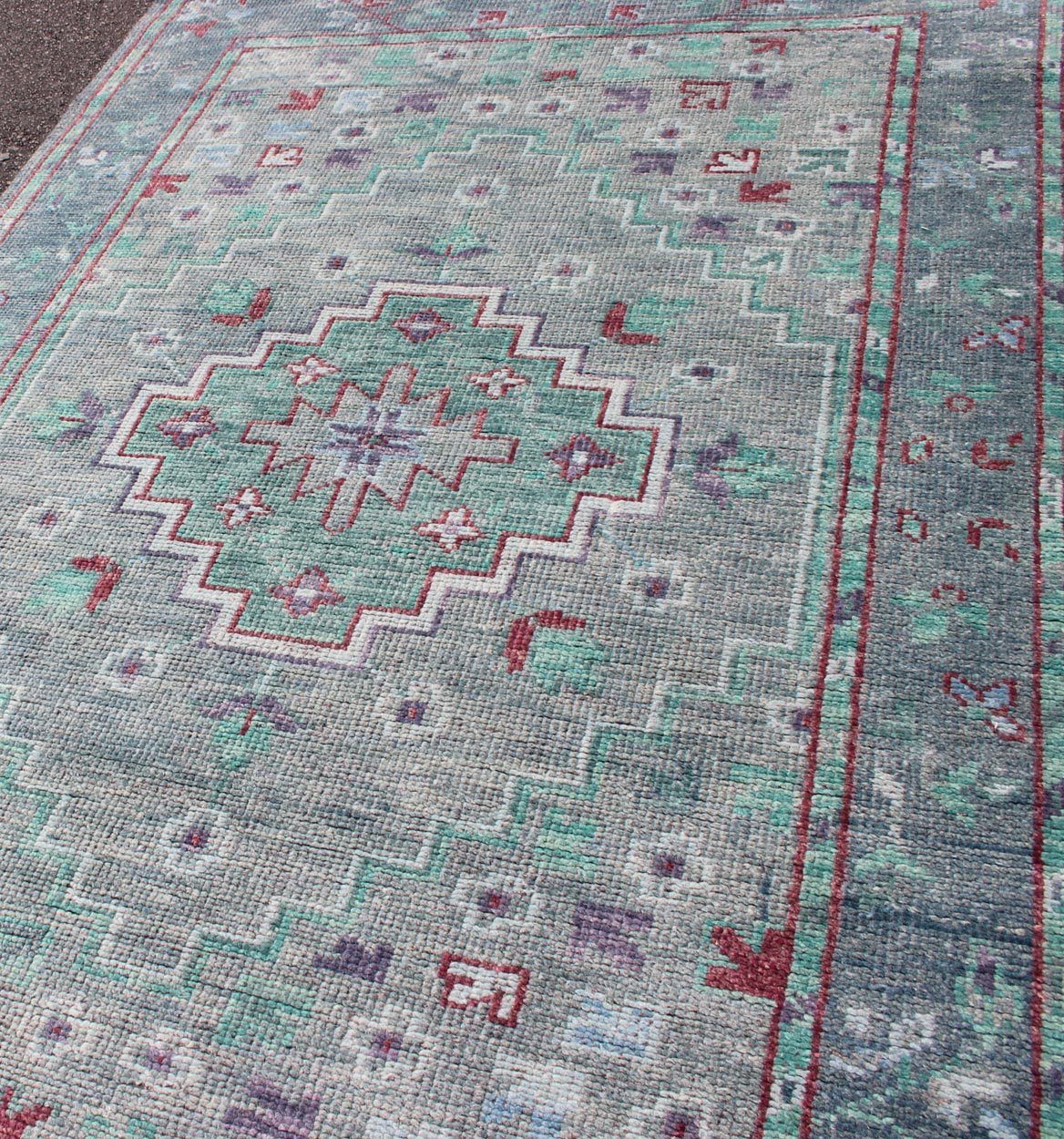 Hand Knotted Oushak Design Rug in Gray, Blue, Light Green and Red With All - Over Design Oushakdesign rug in greens, red, gray, and light green with all - over geometric design, Keivan Woven Arts / rug OB - 9497820, country of origin / type: India/ Ou... - Keivan Woven ArtsOB - 9497820 - 56230193 - 12034Rug
