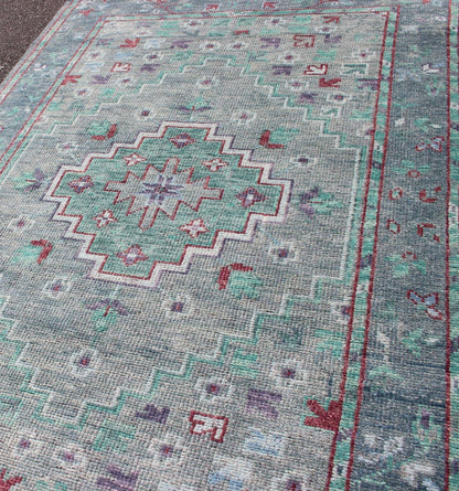 Hand Knotted Oushak Design Rug in Gray, Blue, Light Green and Red With All - Over Design Oushakdesign rug in greens, red, gray, and light green with all - over geometric design, Keivan Woven Arts / rug OB - 9497820, country of origin / type: India/ Ou... - Keivan Woven ArtsOB - 9497820 - 56230193 - 12034Rug