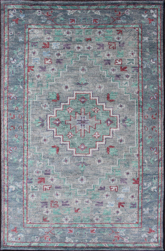 Hand Knotted Oushak Design Rug in Gray, Blue, Light Green and Red With All - Over Design Oushakdesign rug in greens, red, gray, and light green with all - over geometric design, Keivan Woven Arts / rug OB - 9497820, country of origin / type: India/ Ou... - Keivan Woven ArtsOB - 9497820 - 56230193 - 12034Rug