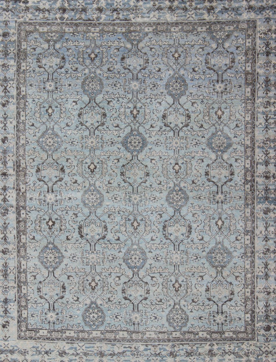 Modern Oushak Rug with Geometric Design in Light Blues and Browns Measures: 8'0 x 10'0 Country of Origin: India; Type: Oushak; Design: All - Over, Sub - Geometric, Floral crest; Keivan Woven Arts: rug OB - 9532519 - 82260116; Modern Oushak R... - Keivan Woven ArtsOB - 9532519 - 82260116 - 10894Rug