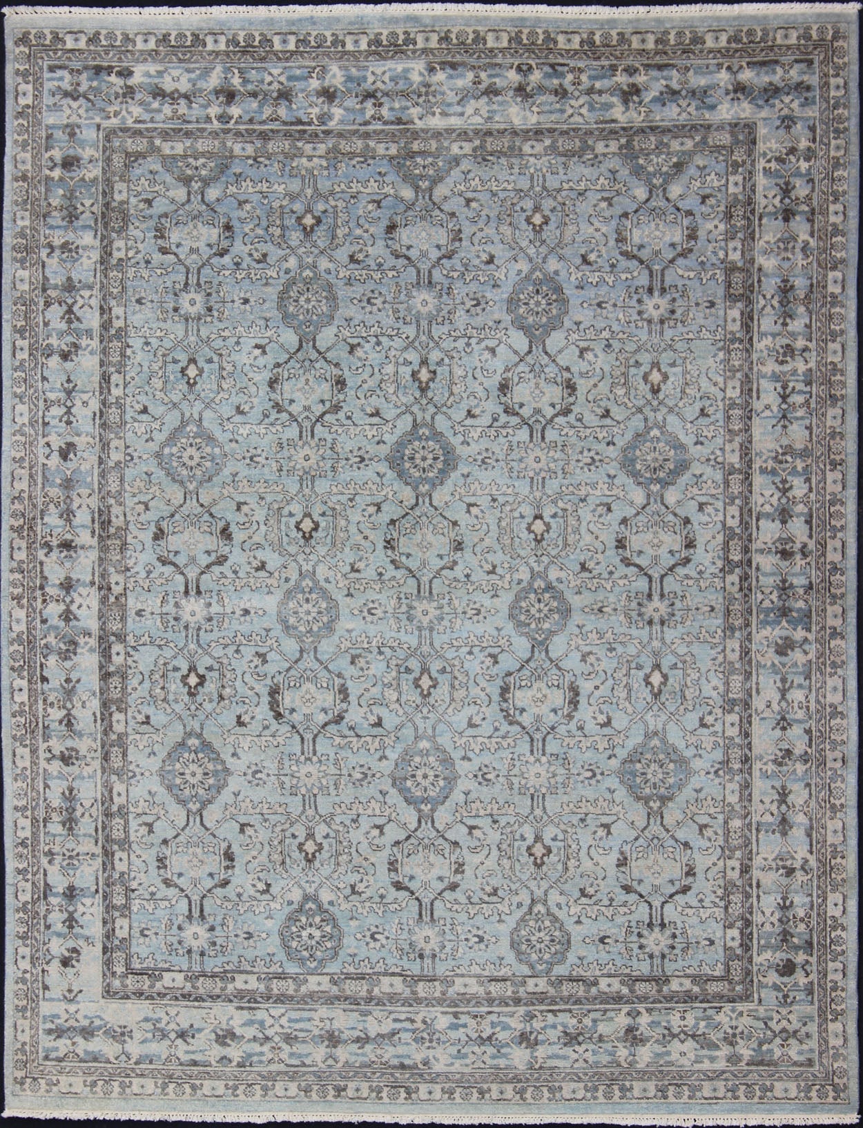 Modern Oushak Rug with Geometric Design in Light Blues and Browns Measures: 8'0 x 10'0 Country of Origin: India; Type: Oushak; Design: All - Over, Sub - Geometric, Floral crest; Keivan Woven Arts: rug OB - 9532519 - 82260116; Modern Oushak R... - Keivan Woven ArtsOB - 9532519 - 82260116 - 10894Rug