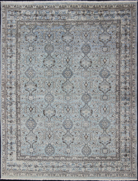 Modern Oushak Rug with Geometric Design in Light Blues and Browns Measures: 8'0 x 10'0 Country of Origin: India; Type: Oushak; Design: All - Over, Sub - Geometric, Floral crest; Keivan Woven Arts: rug OB - 9532519 - 82260116; Modern Oushak R... - Keivan Woven ArtsOB - 9532519 - 82260116 - 10894