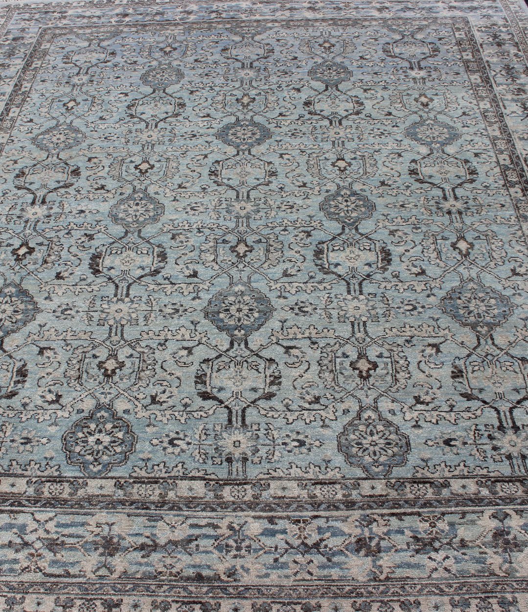 Modern Oushak Rug with Geometric Design in Light Blues and Browns Measures: 8'0 x 10'0 Country of Origin: India; Type: Oushak; Design: All - Over, Sub - Geometric, Floral crest; Keivan Woven Arts: rug OB - 9532519 - 82260116; Modern Oushak R... - Keivan Woven ArtsOB - 9532519 - 82260116 - 10894Rug
