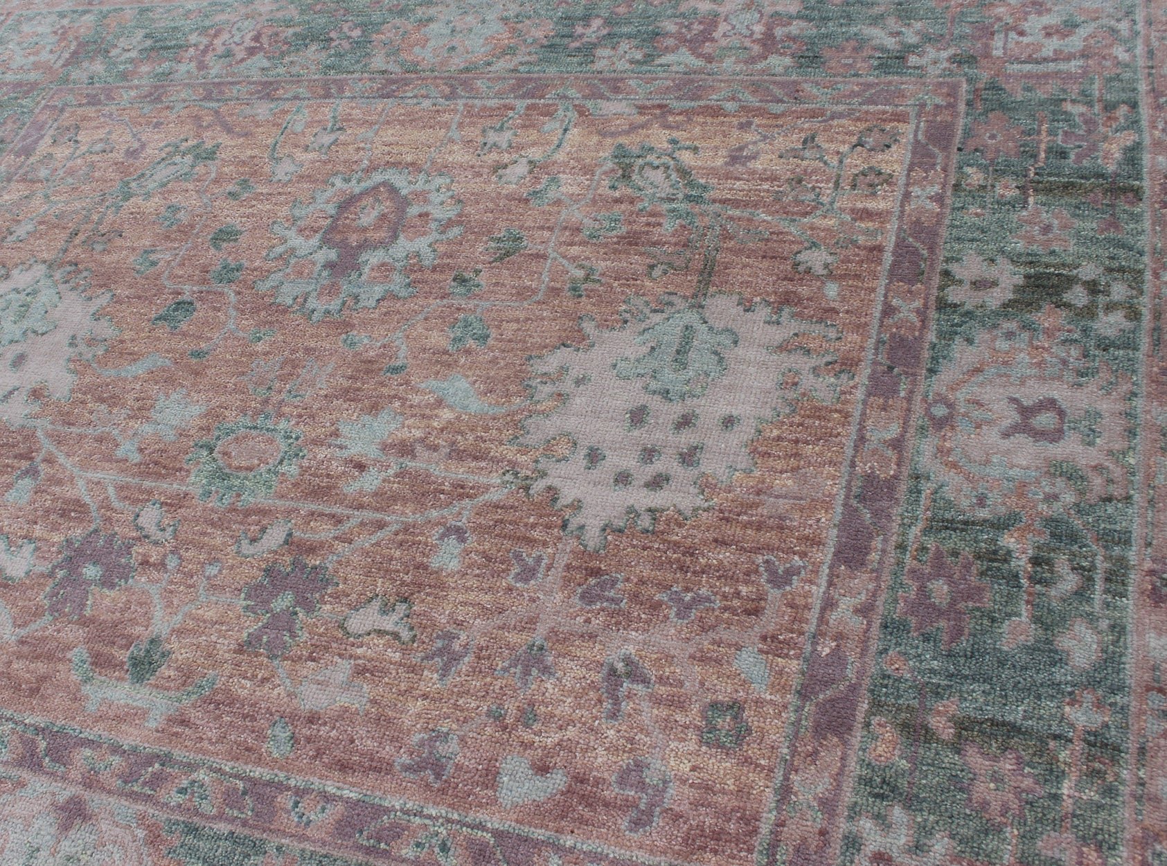 Square Oushak Design Rug in Light Green, pink and Coral with All - Over Design . Square shaped Oushakdesign rug in greens, pink, coral, light blue, and light green with all - over geometric design, rug/OB - 9533652, country of origin / type: India/ O... - Keivan Woven ArtsOB - 9533652 - 83230252 - 11297Rug