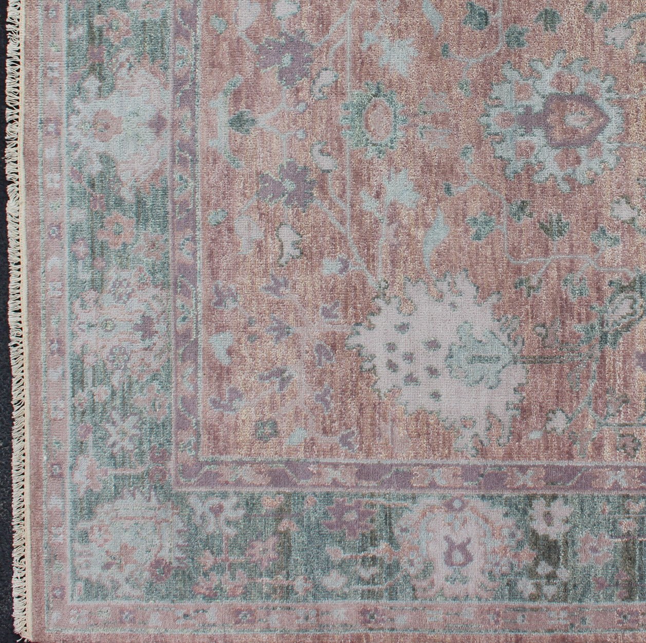 Square Oushak Design Rug in Light Green, pink and Coral with All - Over Design . Square shaped Oushakdesign rug in greens, pink, coral, light blue, and light green with all - over geometric design, rug/OB - 9533652, country of origin / type: India/ O... - Keivan Woven ArtsOB - 9533652 - 83230252 - 11297Rug