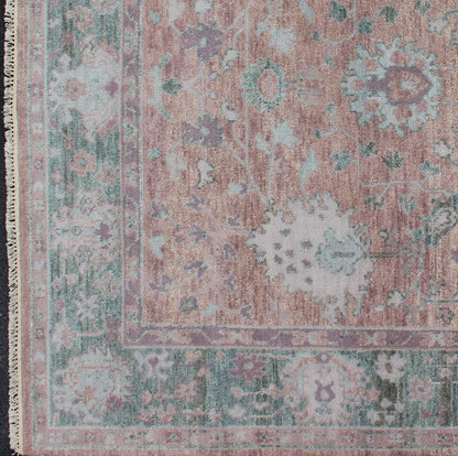 Square Oushak Design Rug in Light Green, pink and Coral with All - Over Design . Square shaped Oushakdesign rug in greens, pink, coral, light blue, and light green with all - over geometric design, rug/OB - 9533652, country of origin / type: India/ O... - Keivan Woven ArtsOB - 9533652 - 83230252 - 11297Rug