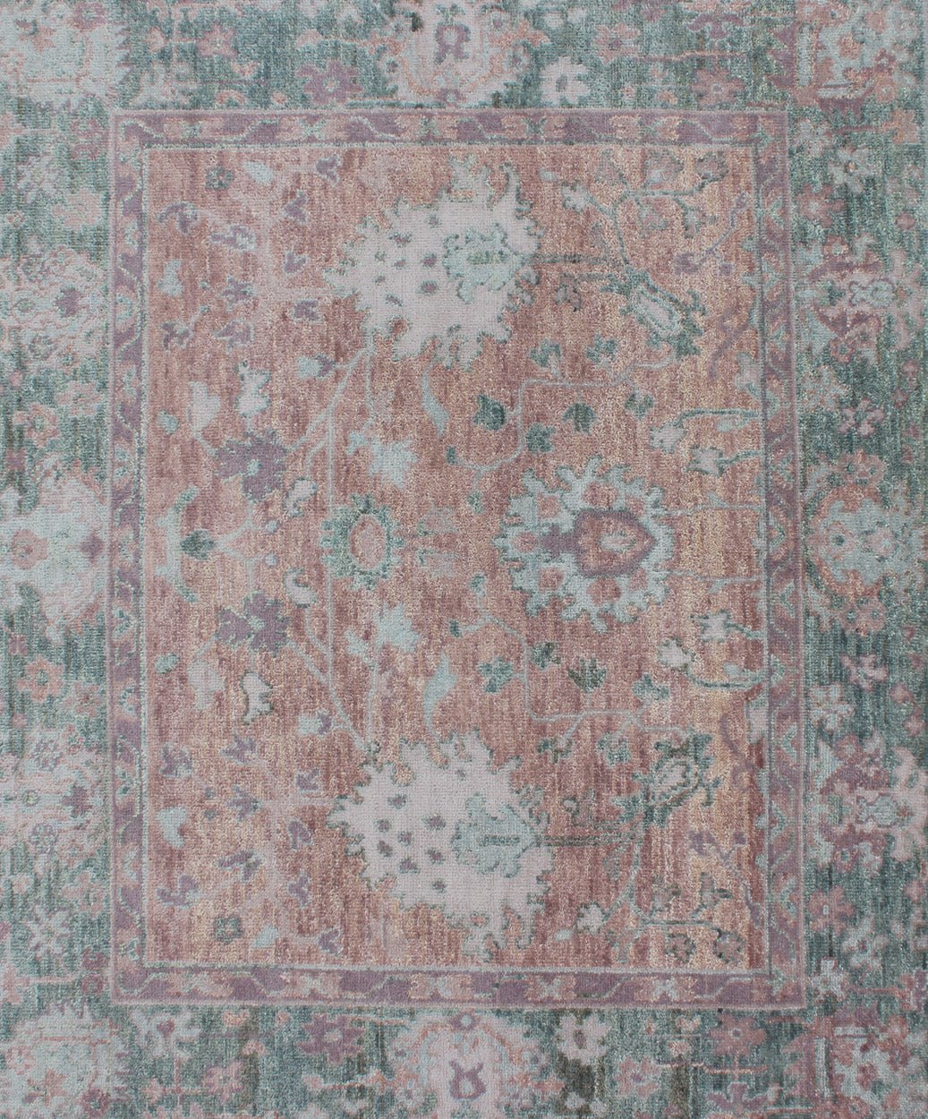 Square Oushak Design Rug in Light Green, pink and Coral with All - Over Design . Square shaped Oushakdesign rug in greens, pink, coral, light blue, and light green with all - over geometric design, rug/OB - 9533652, country of origin / type: India/ O... - Keivan Woven ArtsOB - 9533652 - 83230252 - 11297Rug