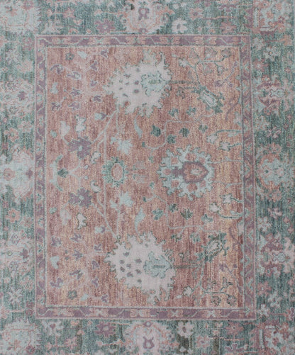 Square Oushak Design Rug in Light Green, pink and Coral with All - Over Design . Square shaped Oushakdesign rug in greens, pink, coral, light blue, and light green with all - over geometric design, rug/OB - 9533652, country of origin / type: India/ O... - Keivan Woven ArtsOB - 9533652 - 83230252 - 11297Rug