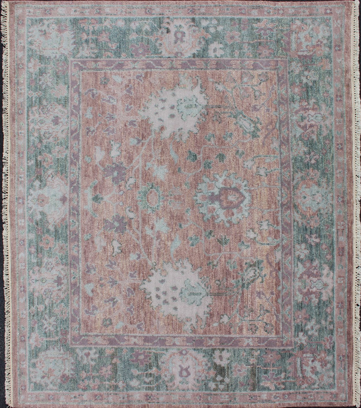 Square Oushak Design Rug in Light Green, pink and Coral with All - Over Design . Square shaped Oushakdesign rug in greens, pink, coral, light blue, and light green with all - over geometric design, rug/OB - 9533652, country of origin / type: India/ O... - Keivan Woven ArtsOB - 9533652 - 83230252 - 11297Rug