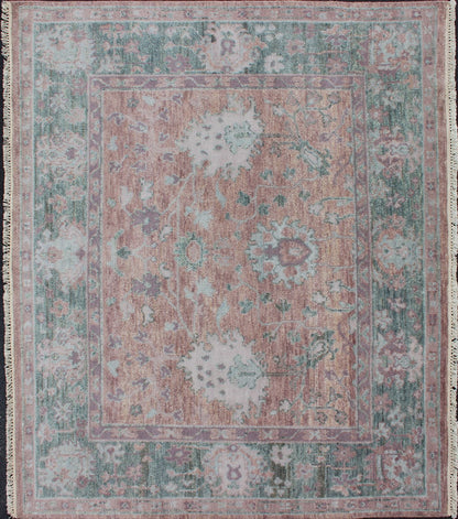 Square Oushak Design Rug in Light Green, pink and Coral with All - Over Design . Square shaped Oushakdesign rug in greens, pink, coral, light blue, and light green with all - over geometric design, rug/OB - 9533652, country of origin / type: India/ O... - Keivan Woven ArtsOB - 9533652 - 83230252 - 11297Rug