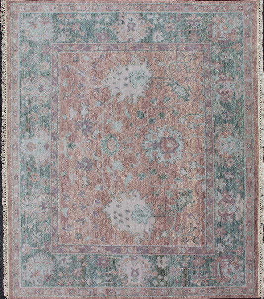 Square Oushak Design Rug in Light Green, pink and Coral with All - Over Design . Square shaped Oushakdesign rug in greens, pink, coral, light blue, and light green with all - over geometric design, rug/OB - 9533652, country of origin / type: India/ O... - Keivan Woven ArtsOB - 9533652 - 83230252 - 11297Rug