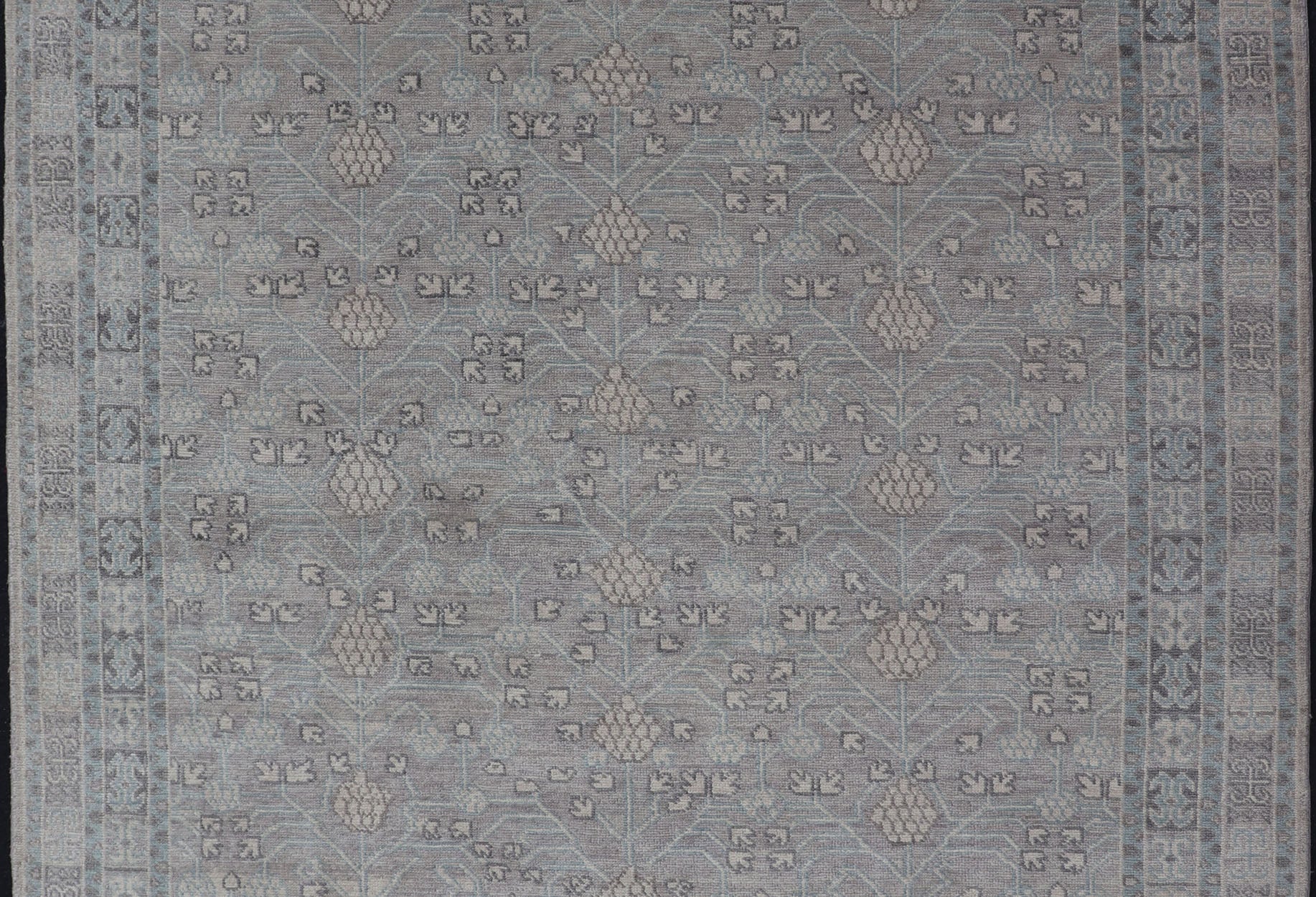 Modern Khotan Design Rug in Wool with All - Over Design By Keivan Woven Arts This modern Indian Khotan rug has been hand - knotted in wool and features an all - over, sub - geometric design rendered in muted tones. A complementary, multi - tiered border ... - Keivan Woven ArtsOB - 9543192 - 98000090 - 15496