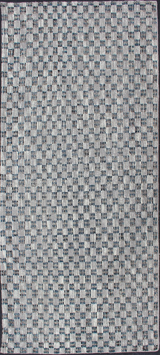 Cream, Gray and Blue Modern Rug Checkered Runner in Casual Modern Design. Modern piled, Hi - Low rug with checkerboard design in blue and gray, rug/OB - 955670, country of origin / type: India/ Piled, condition: new This brand new rug feat... - Keivan Woven ArtsOB - 955670 - 81730005 - 5108Rug