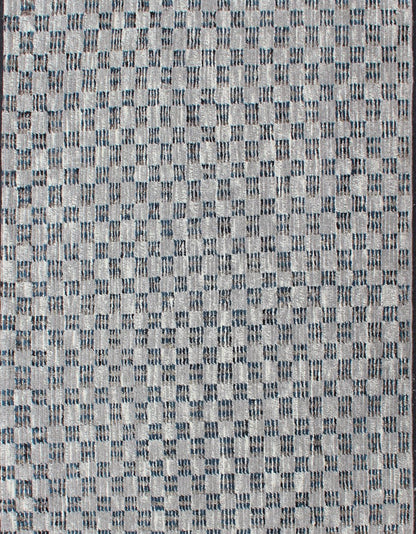 Cream, Gray and Blue Modern Rug Checkered Runner in Casual Modern Design. Modern piled, Hi - Low rug with checkerboard design in blue and gray, rug/OB - 955670, country of origin / type: India/ Piled, condition: new This brand new rug feat... - Keivan Woven ArtsOB - 955670 - 81730005 - 5108Rug