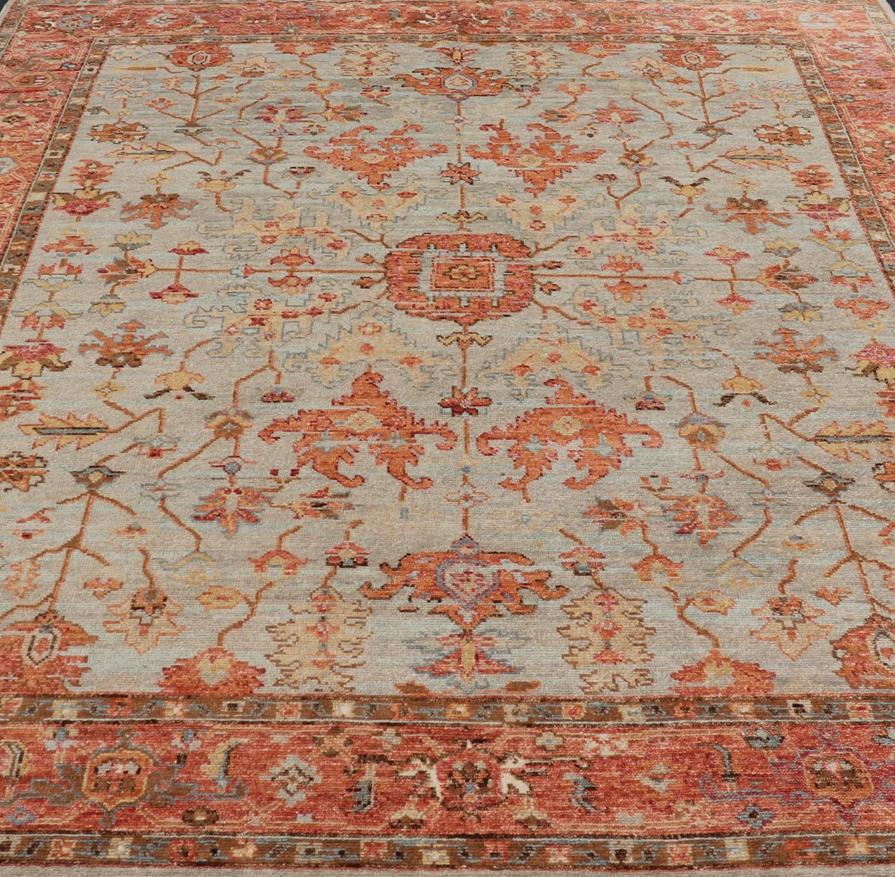 Burnt Orange and Cool Gray Modern Floral Oushak with All - Over Design Measures 8'0 x 9'10 This modern Indian Oushak was hand - knotted during the 2010's. The cool blue - gray field is heavily decorated in floral and leaflet motifs, commonly ... - Keivan Woven ArtsOB - 9570118 - 1030026 - 21078Rug