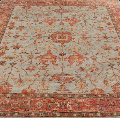 Burnt Orange and Cool Gray Modern Floral Oushak with All - Over Design Measures 8'0 x 9'10 This modern Indian Oushak was hand - knotted during the 2010's. The cool blue - gray field is heavily decorated in floral and leaflet motifs, commonly ... - Keivan Woven ArtsOB - 9570118 - 1030026 - 21078Rug