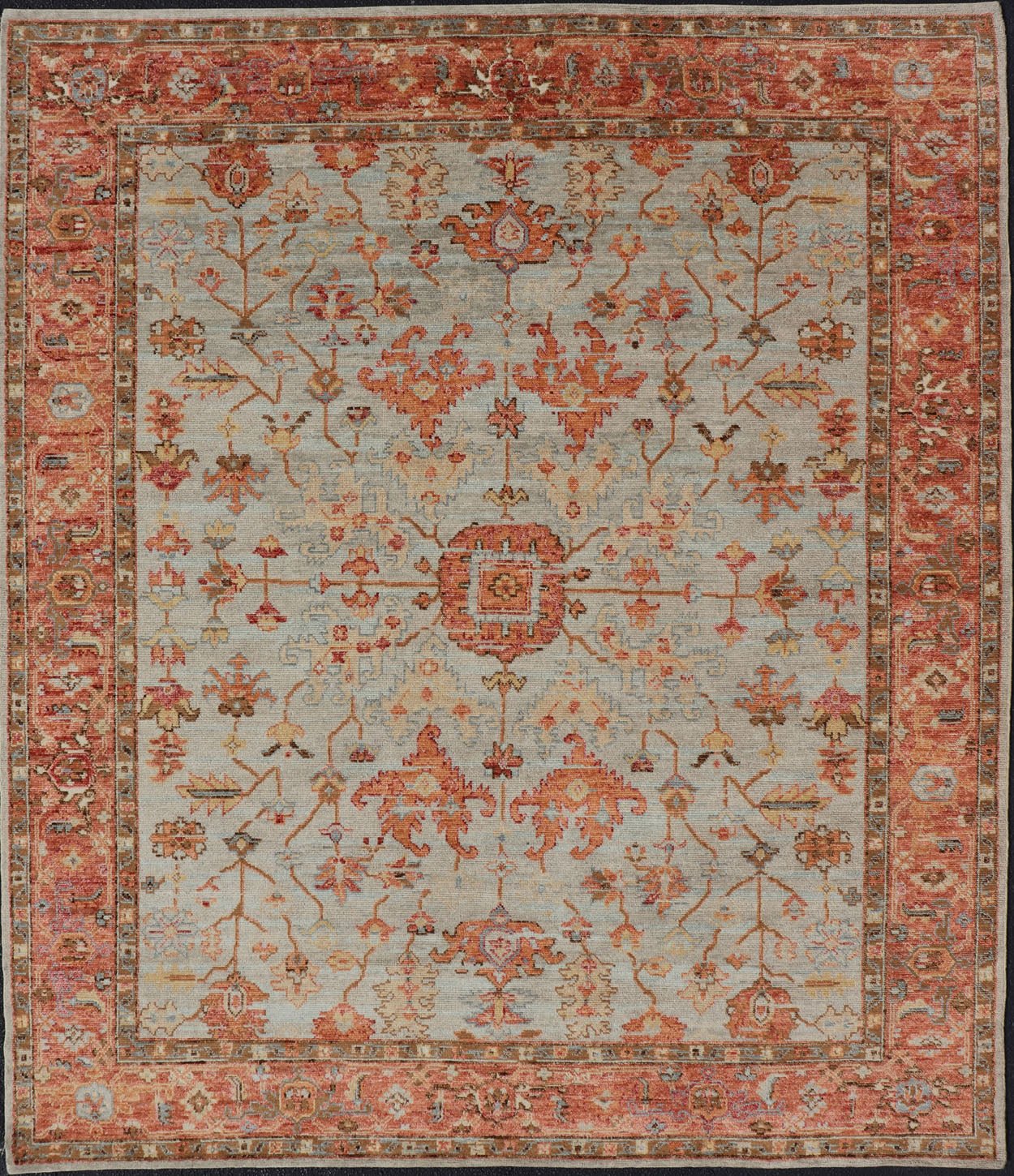 Burnt Orange and Cool Gray Modern Floral Oushak with All - Over Design Measures 8'0 x 9'10 This modern Indian Oushak was hand - knotted during the 2010's. The cool blue - gray field is heavily decorated in floral and leaflet motifs, commonly ... - Keivan Woven ArtsOB - 9570118 - 1030026 - 21078Rug
